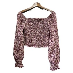 Floral Smocked Long Sleeve Crop Top Square‎ Neck Blouse Burgundy Medium